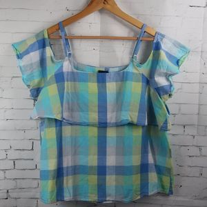BOBEAU BLUE GREEN CHECKERED RUFFLE TOP WITH OPEN SHOULDER CUT OUT SIZE XL